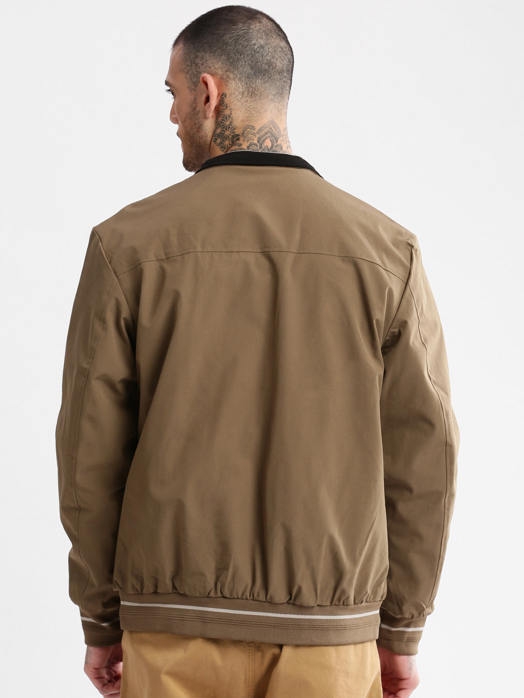 Men Mock Collar Khaki Solid Reversible Bomber Oversized Jacket