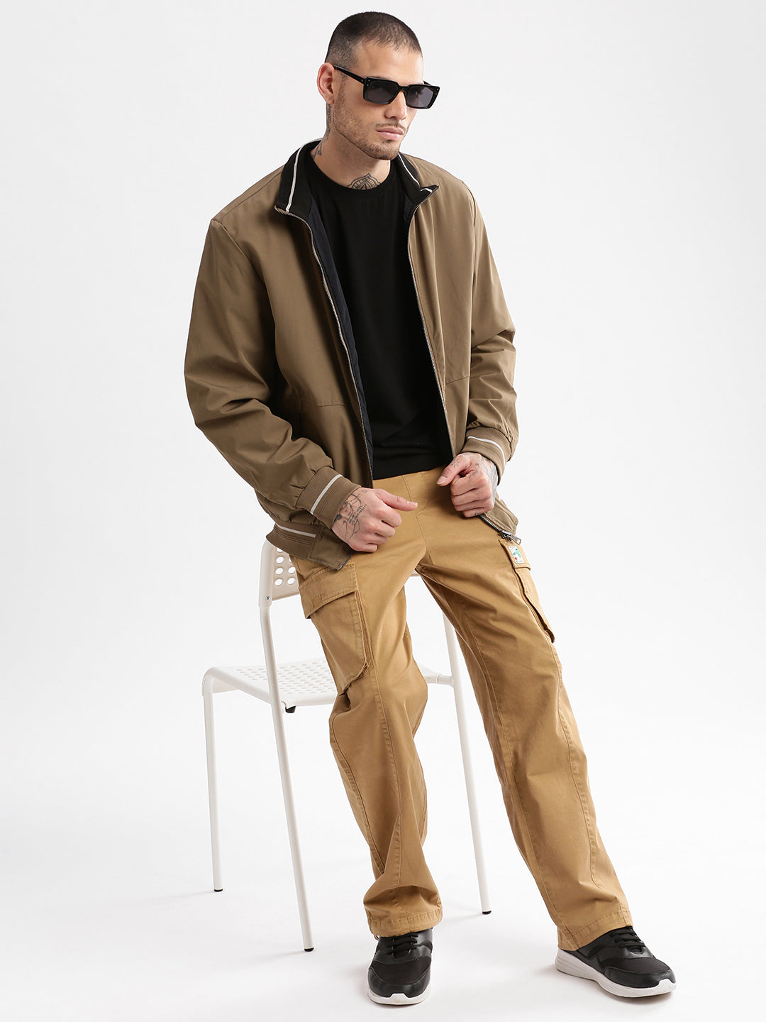 Men Mock Collar Khaki Solid Reversible Bomber Oversized Jacket