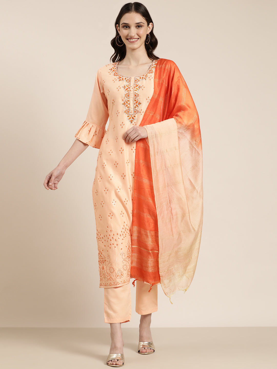 Women Peach Floral Kurta Set