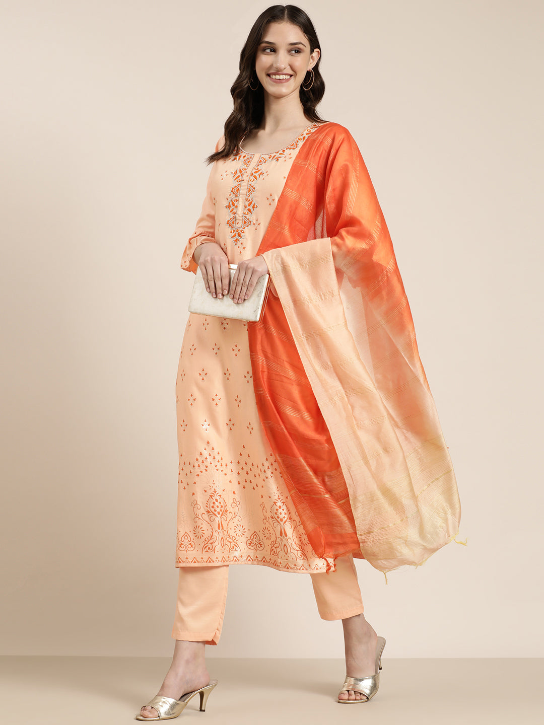 Women Peach Floral Kurta Set