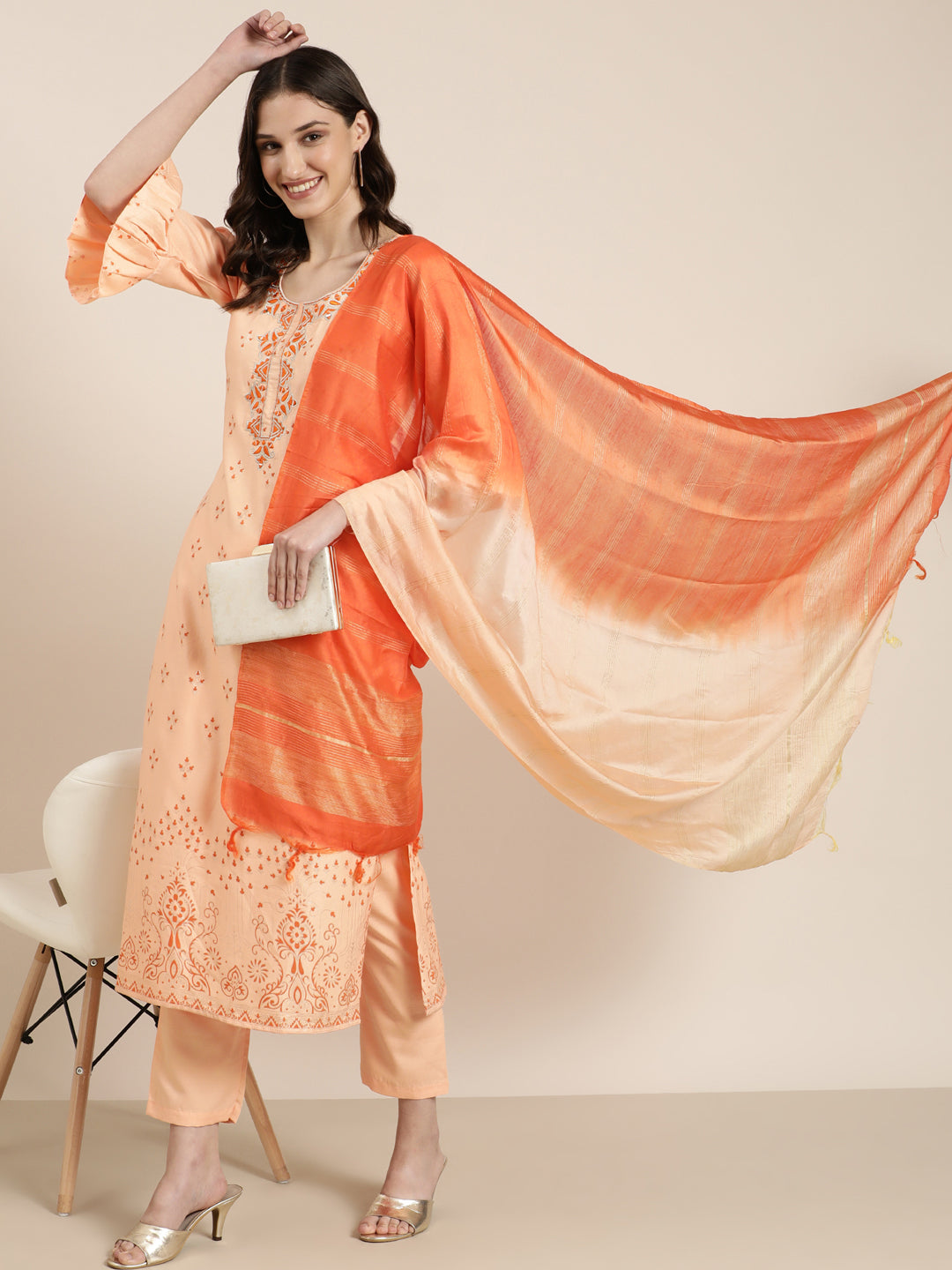 Women Peach Floral Kurta Set