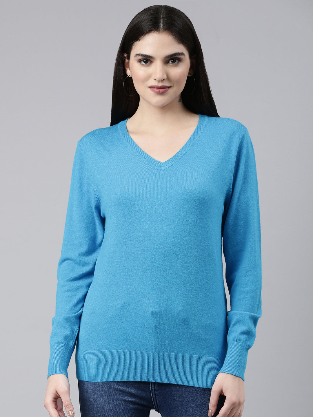 V-Neck Solid Blue Fitted Regular Top