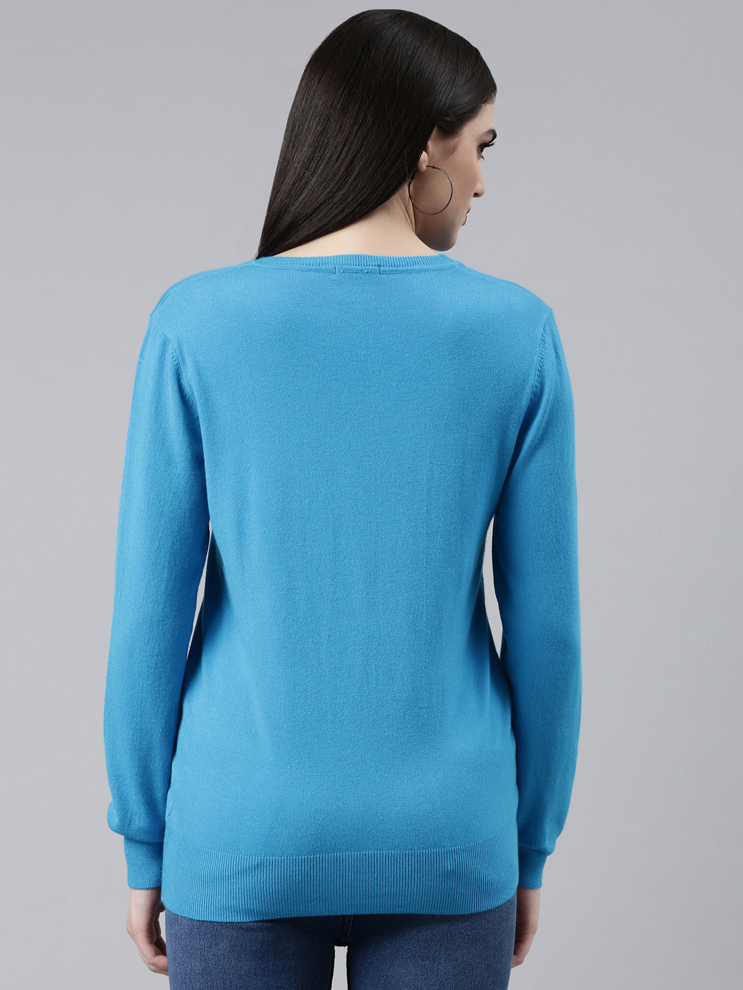 V-Neck Solid Blue Fitted Regular Top