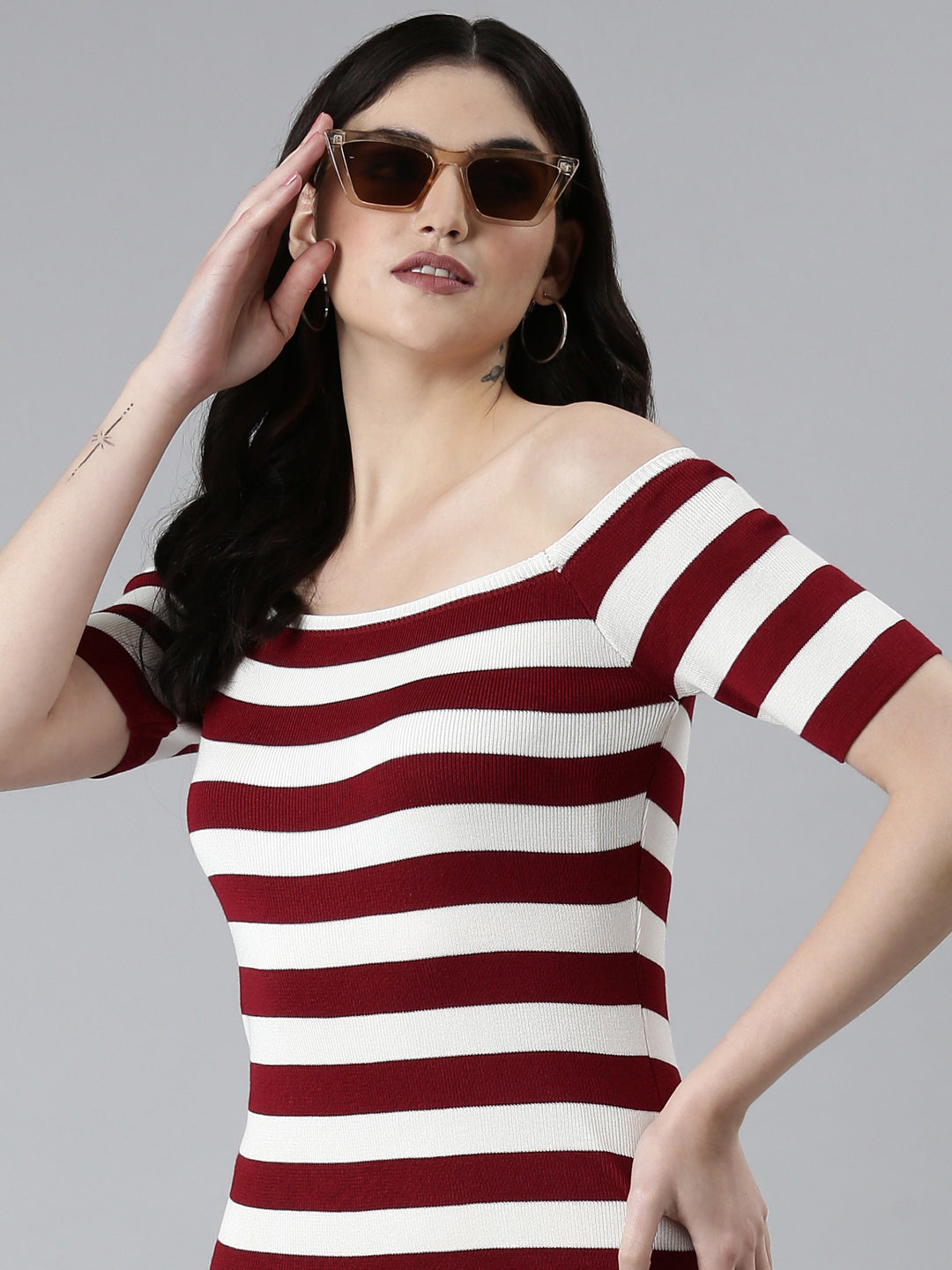 Women's White Striped Off Shoulder Bodycon Dress