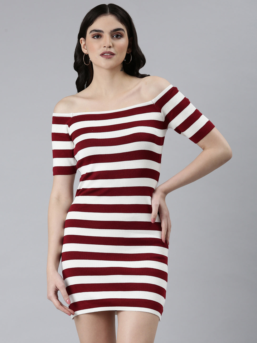 Women's White Striped Off Shoulder Bodycon Dress