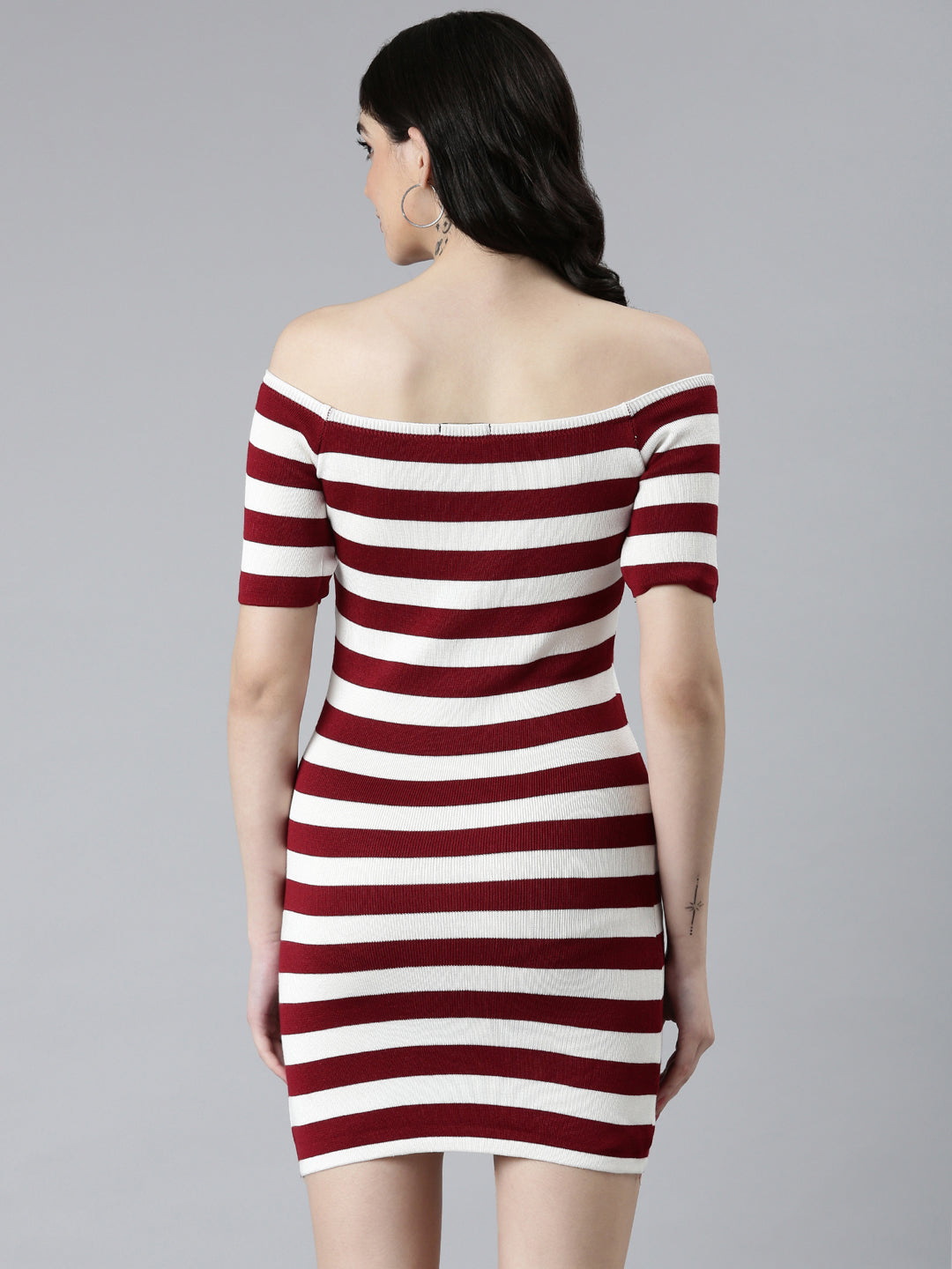 Women's White Striped Off Shoulder Bodycon Dress
