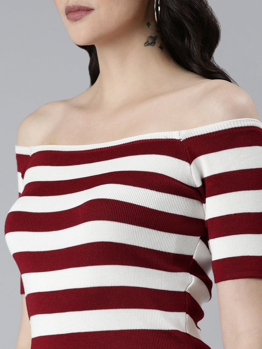 Women's White Striped Off Shoulder Bodycon Dress