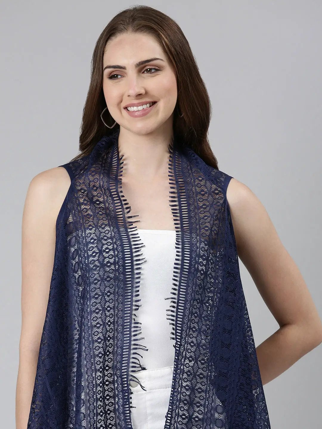 Women's Navy Blue Solid Longline Shrug