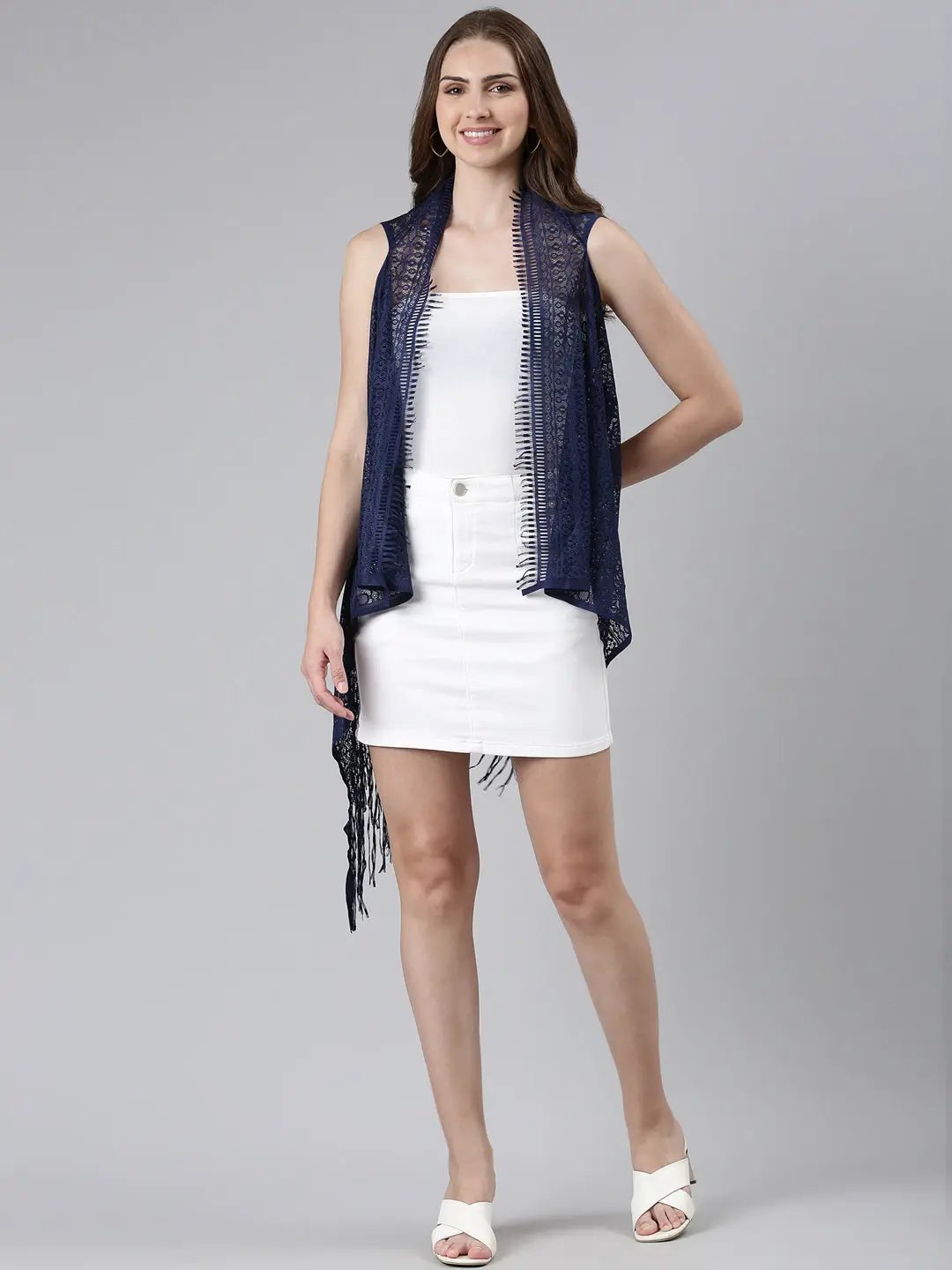 Women's Navy Blue Solid Longline Shrug