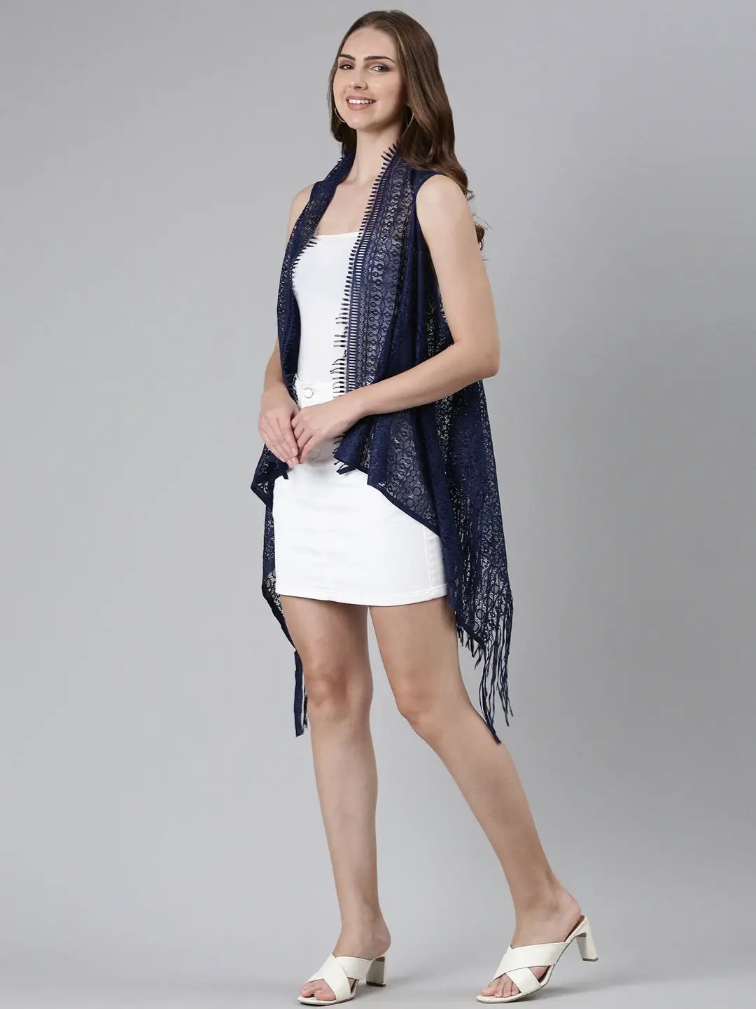 Women's Navy Blue Solid Longline Shrug