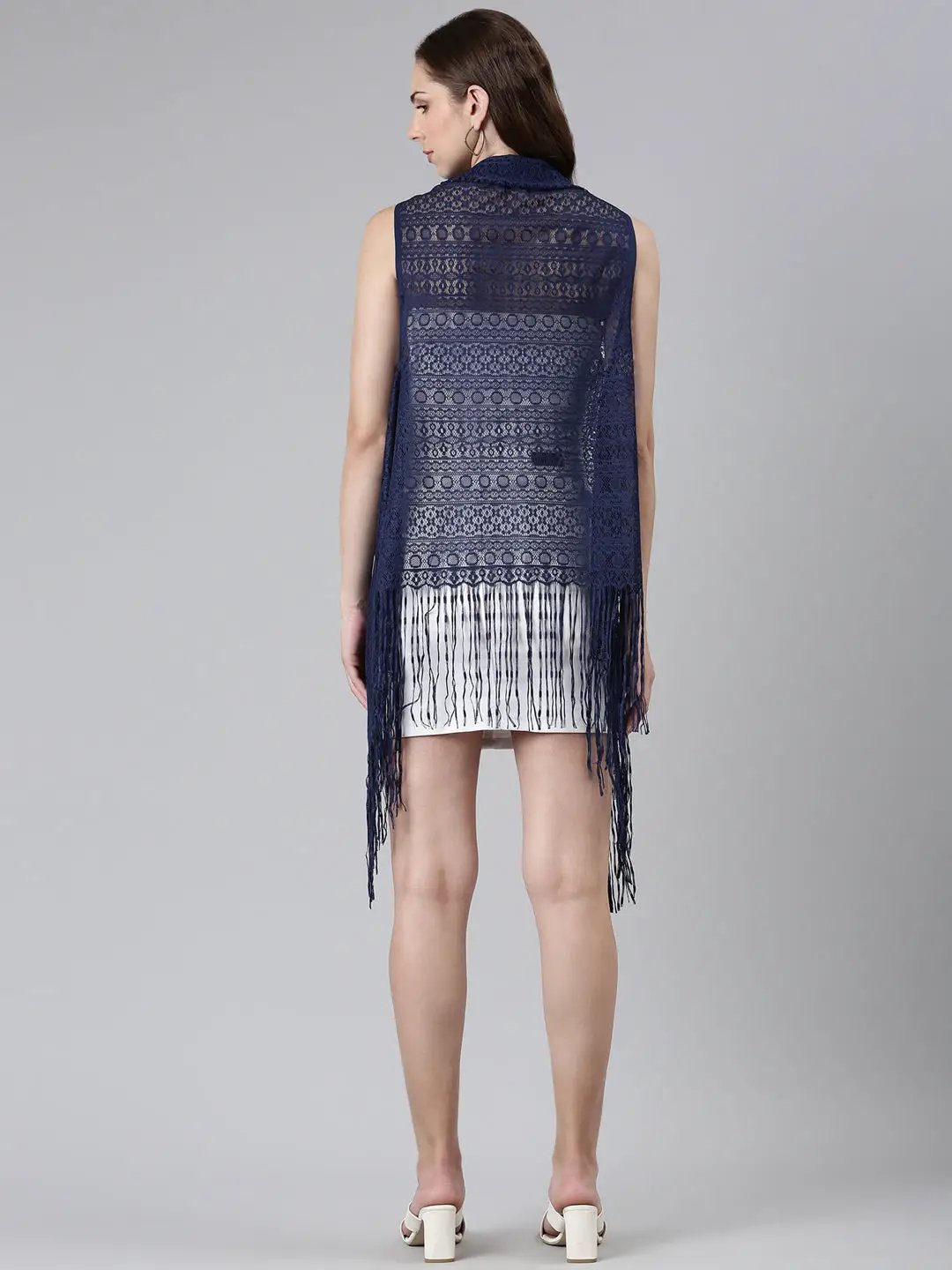 Women's Navy Blue Solid Longline Shrug