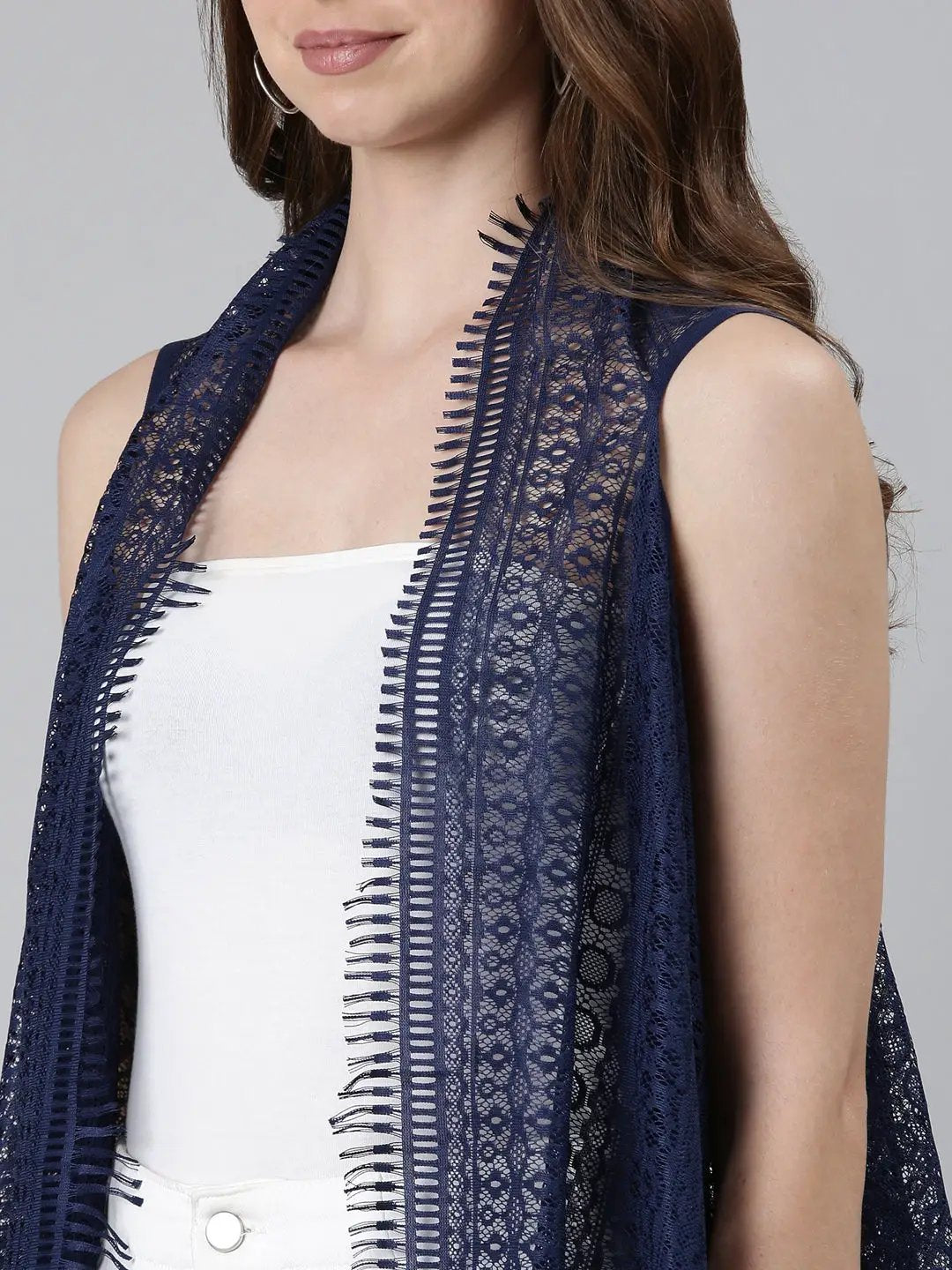 Women's Navy Blue Solid Longline Shrug