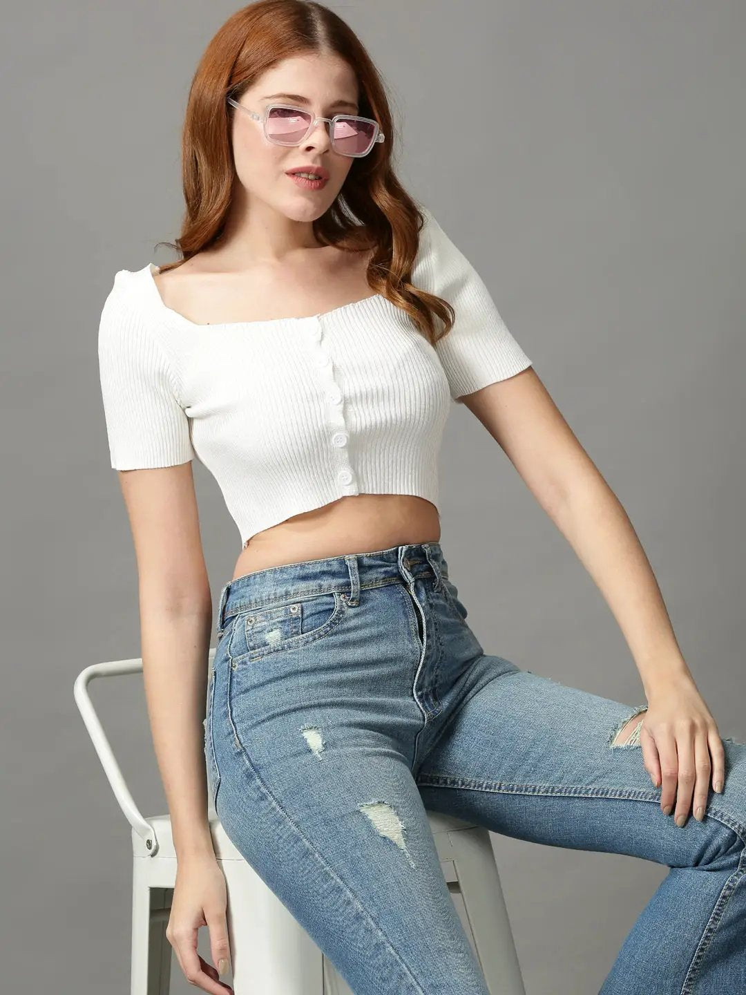Women's White Solid Fitted Crop Top