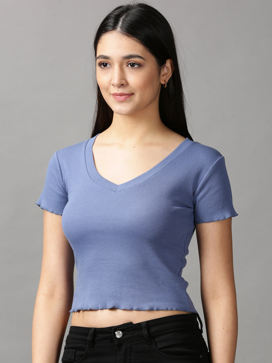 Women's Blue Solid Fitted Crop Top