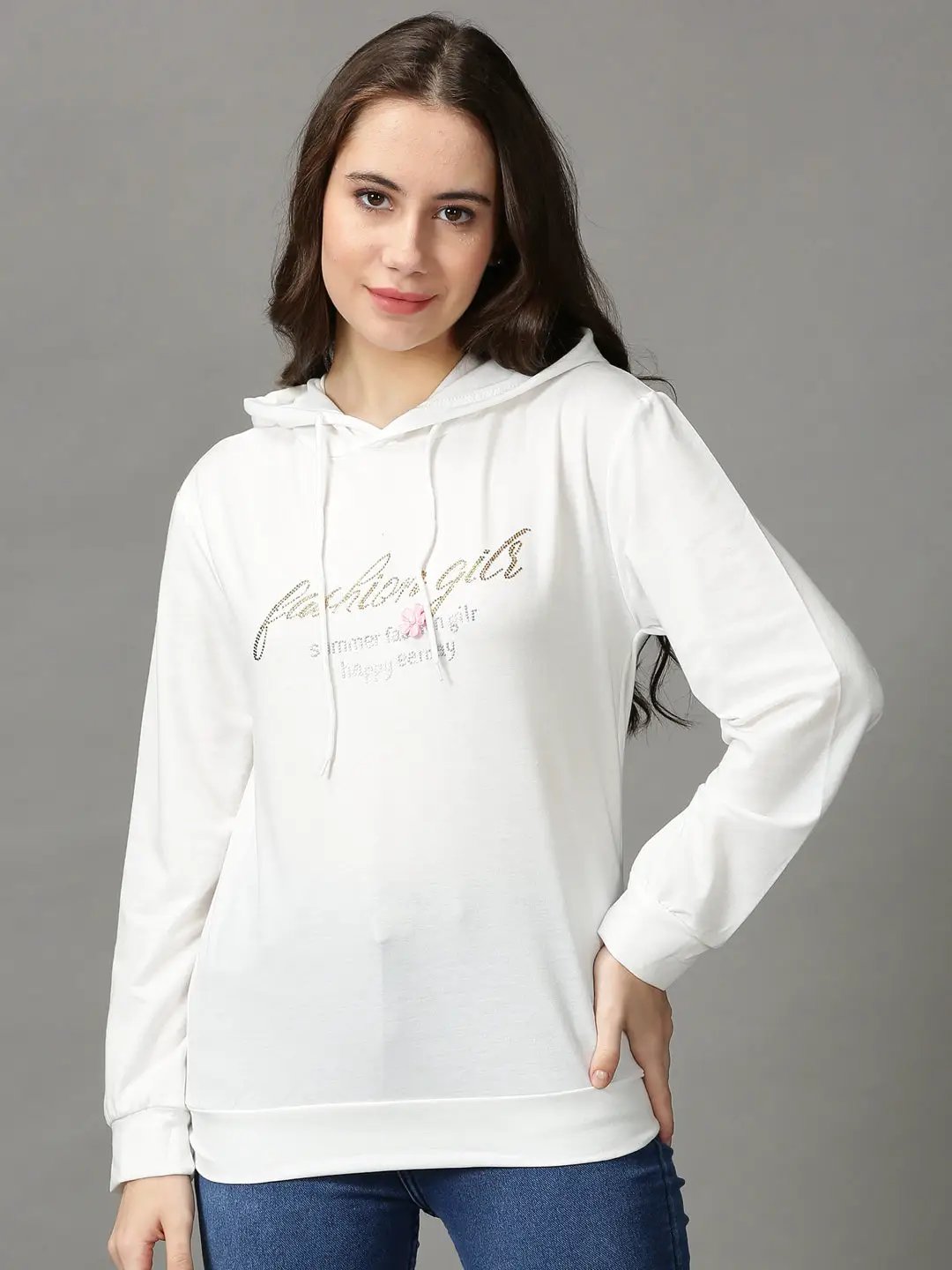 Women's White Solid Sweatshirt