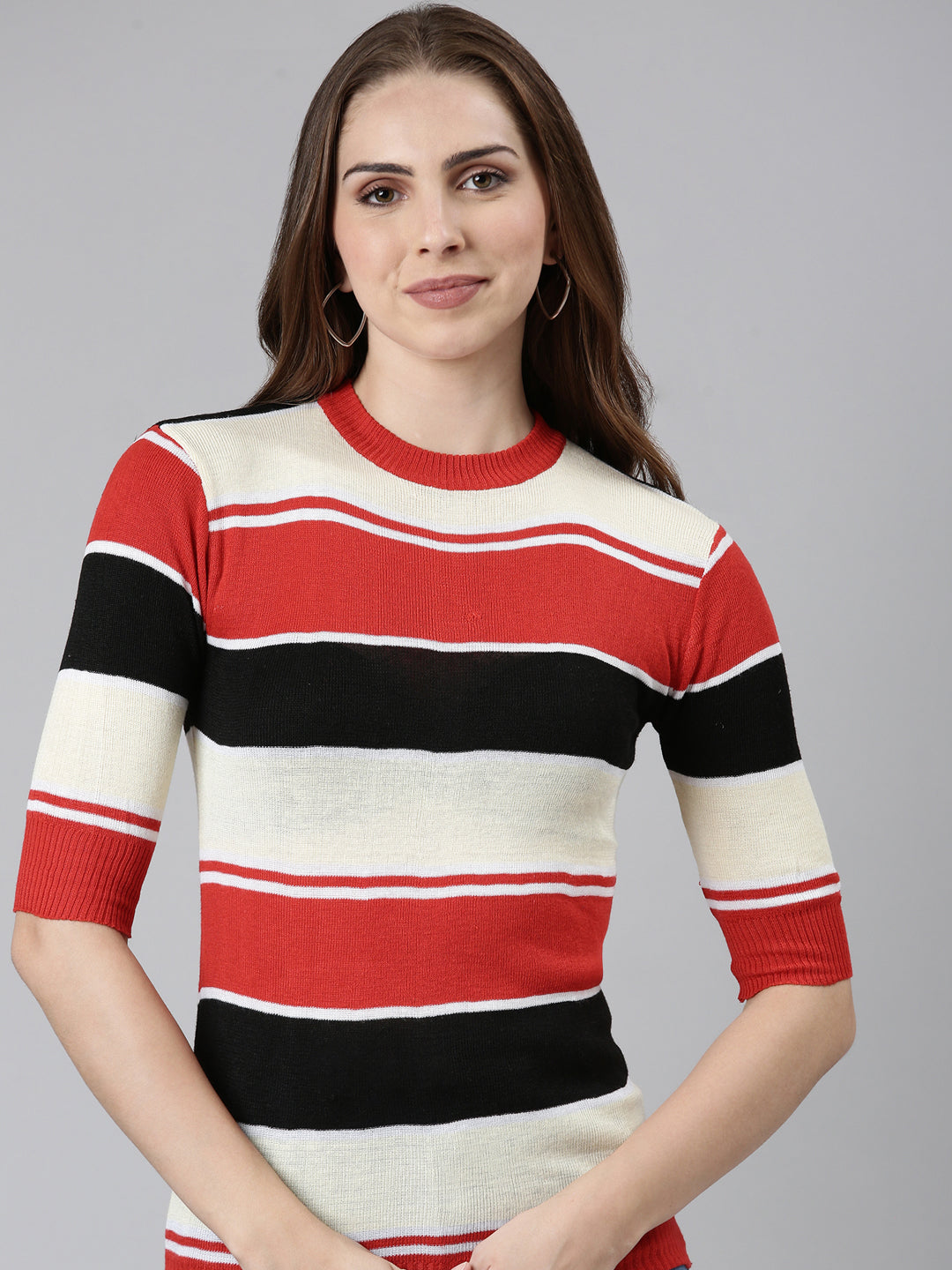 Round Neck Striped Cuffed Sleeves Regular Multi Top