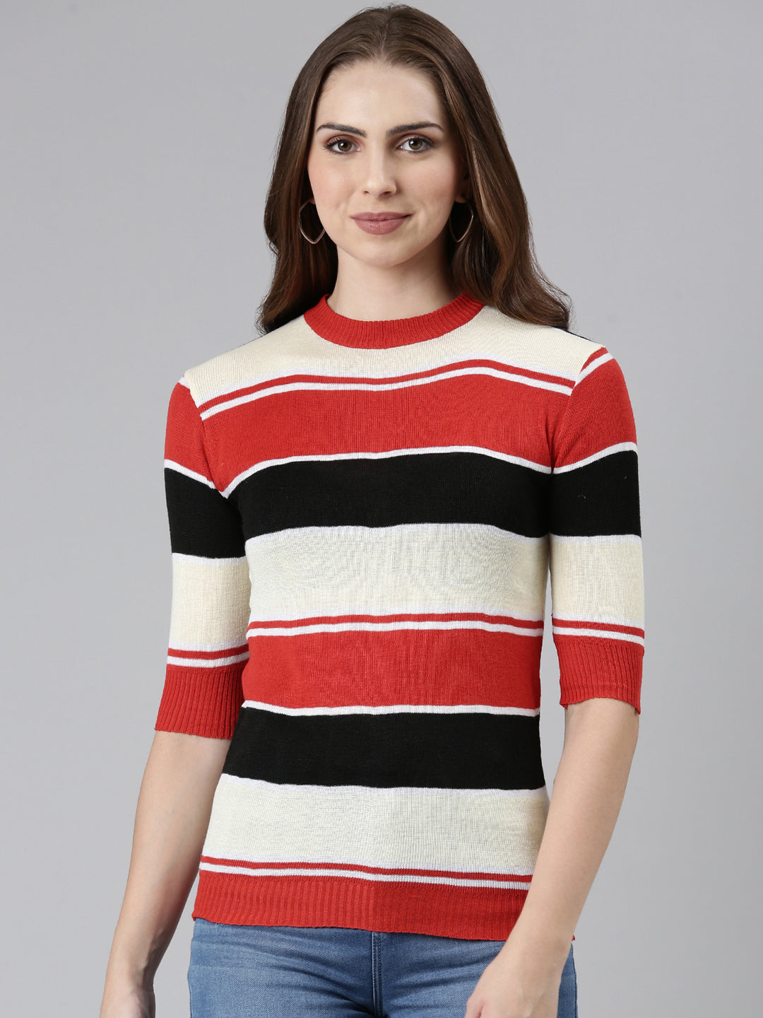 Round Neck Striped Cuffed Sleeves Regular Multi Top