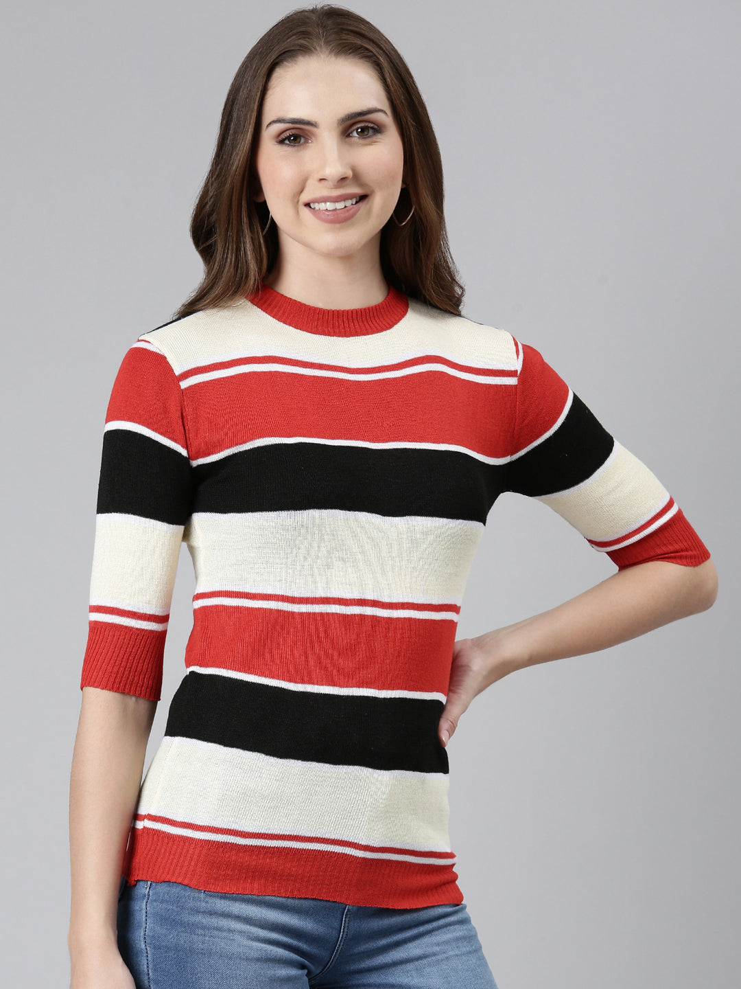 Round Neck Striped Cuffed Sleeves Regular Multi Top