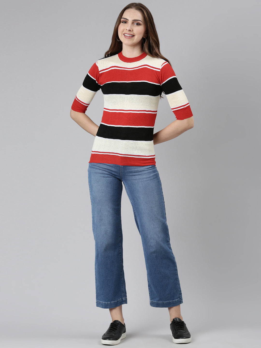 Round Neck Striped Cuffed Sleeves Regular Multi Top