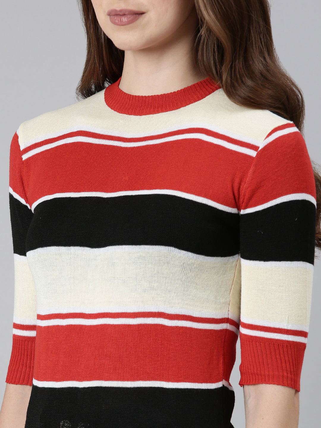 Round Neck Striped Cuffed Sleeves Regular Multi Top