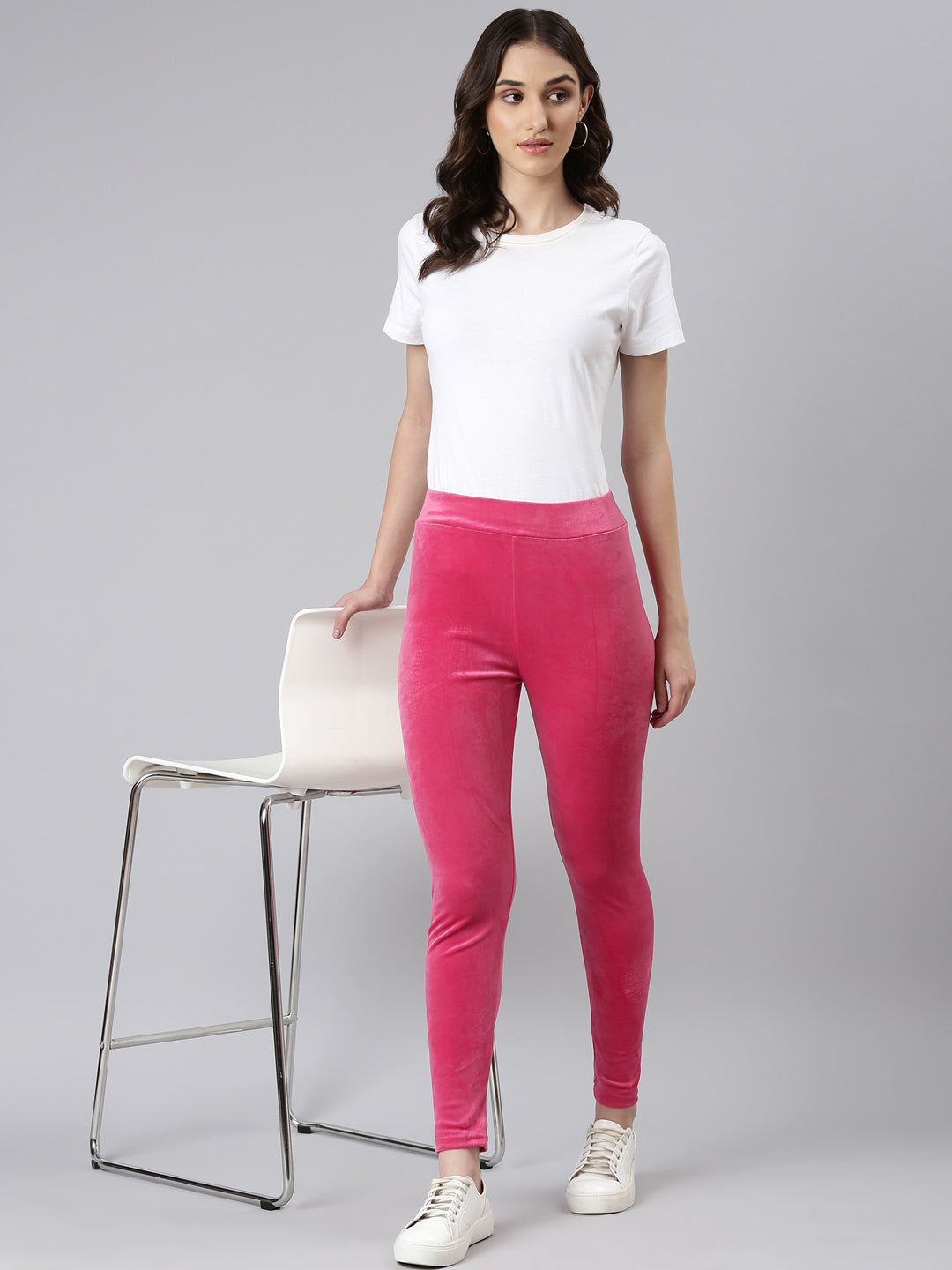 Women Pink Solid Leggings