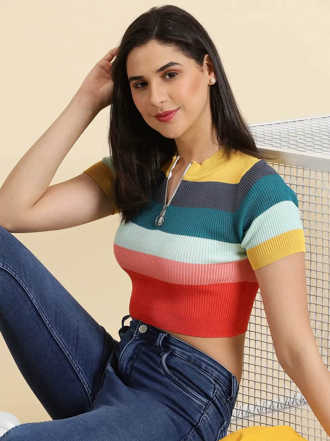 Women's Multi Colourblock Fitted Crop Top