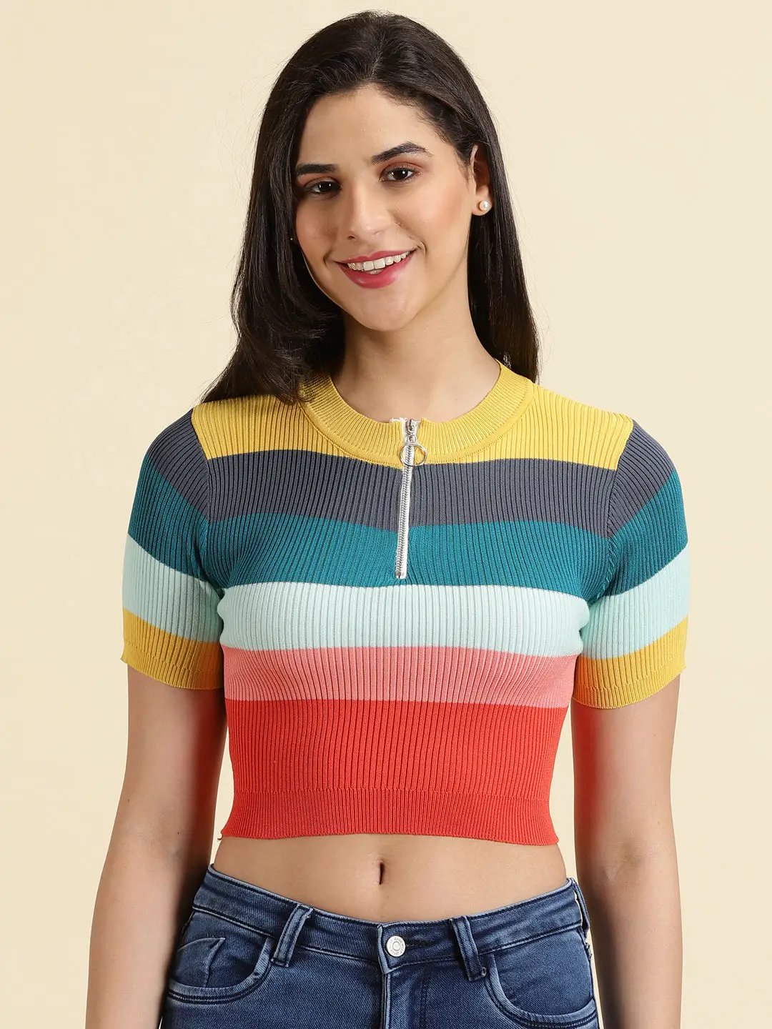 Women's Multi Colourblock Fitted Crop Top