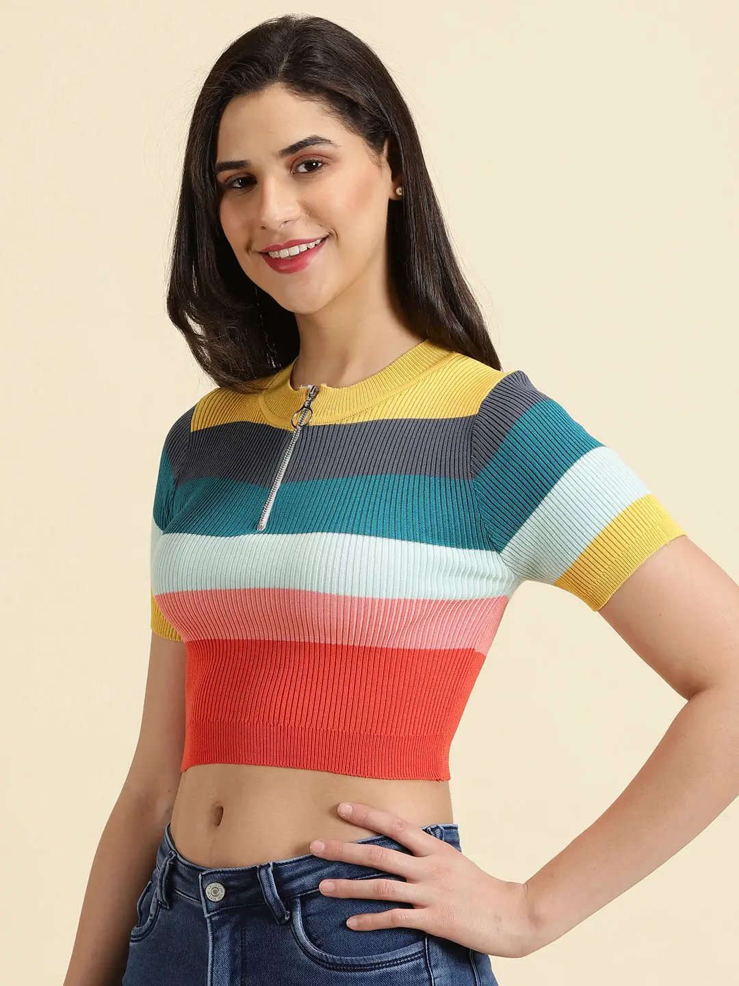 Women's Multi Colourblock Fitted Crop Top