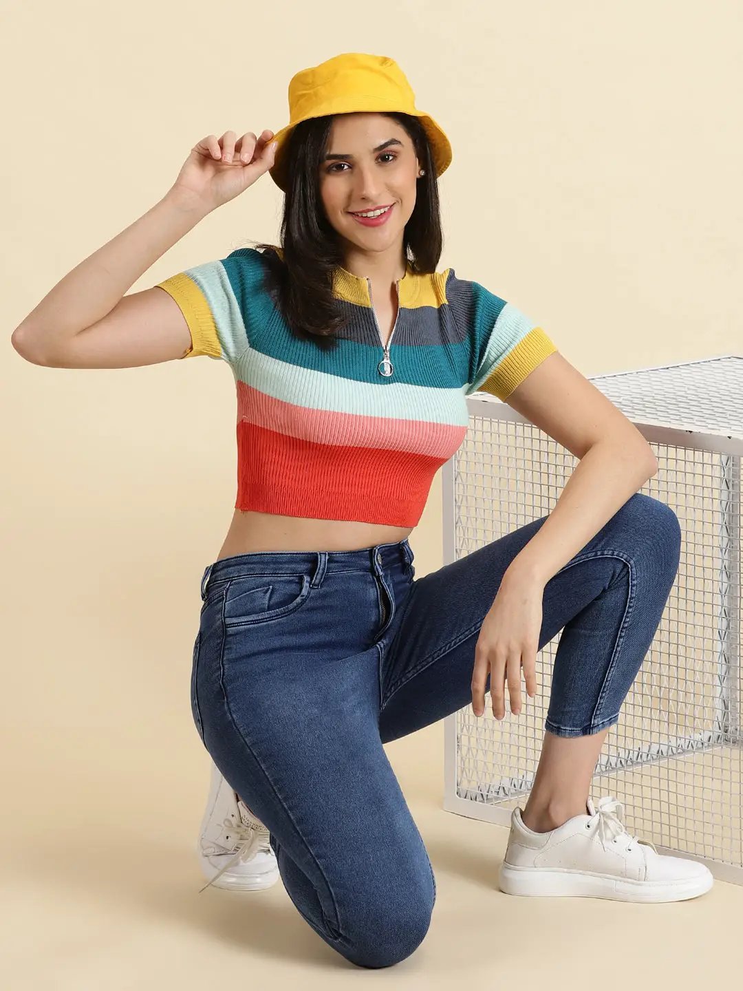 Women's Multi Colourblock Fitted Crop Top
