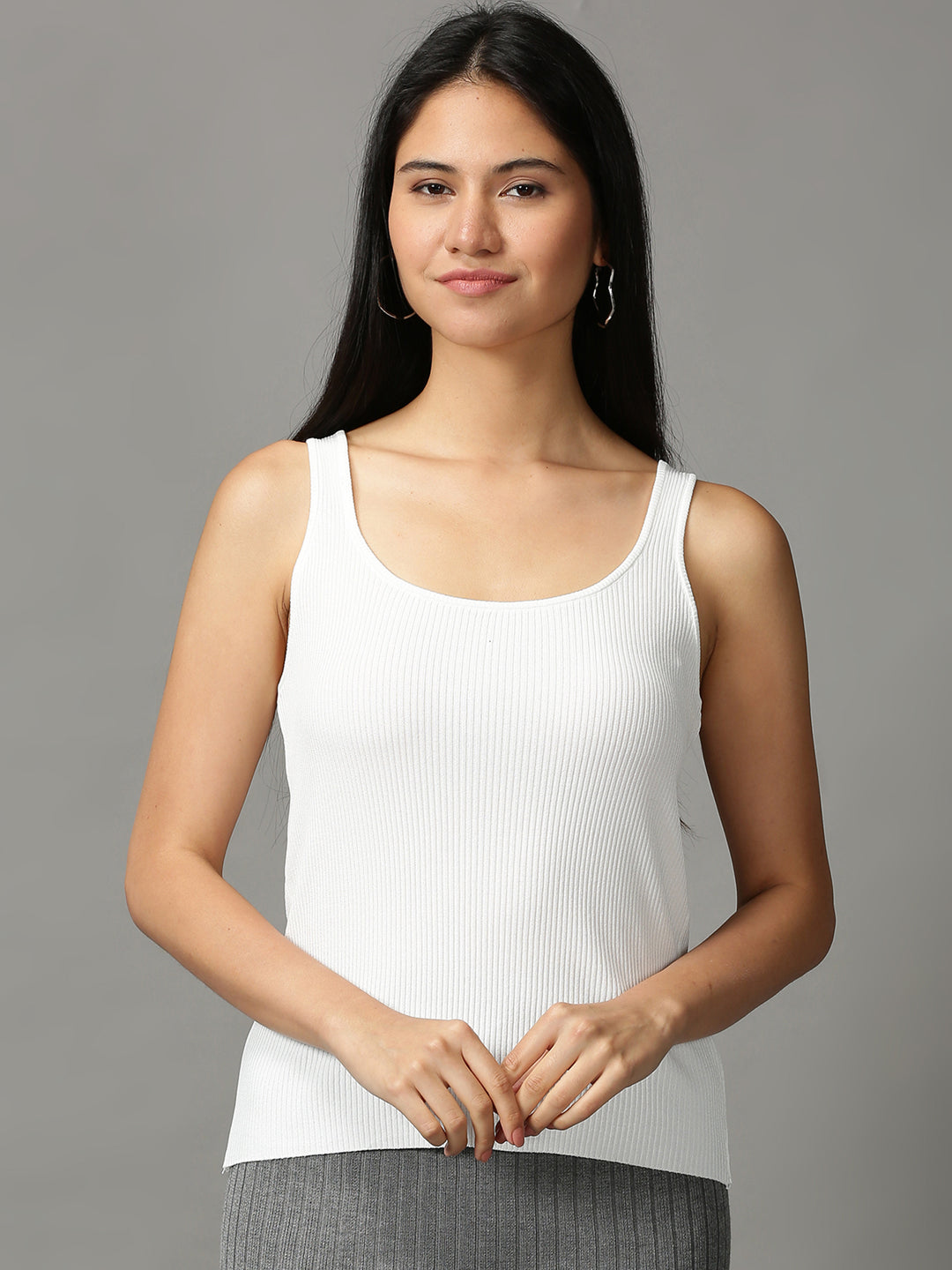 Women's White Solid Fitted Top