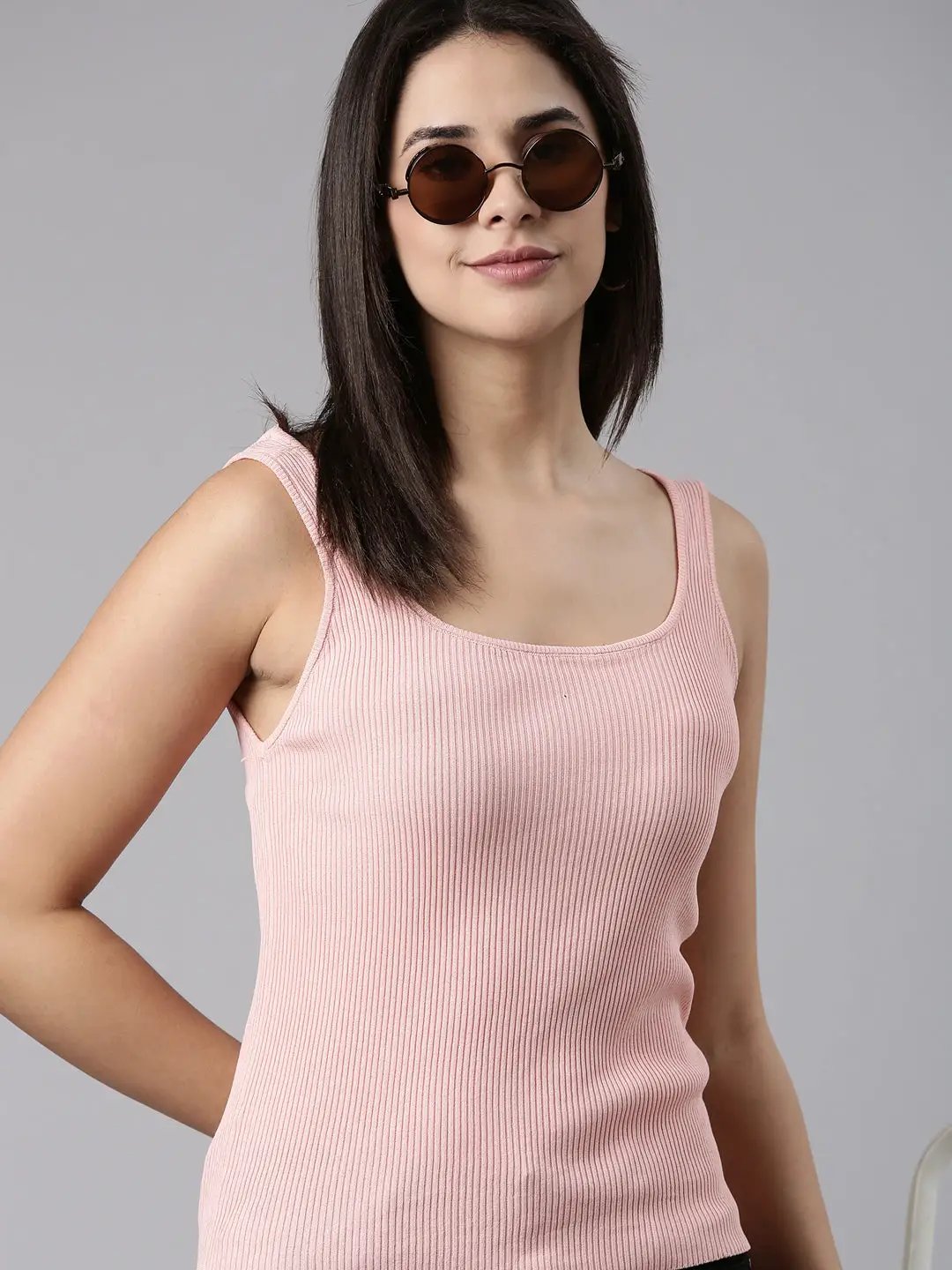 Women's Scoop Neck Solid Peach Tank Regular Top