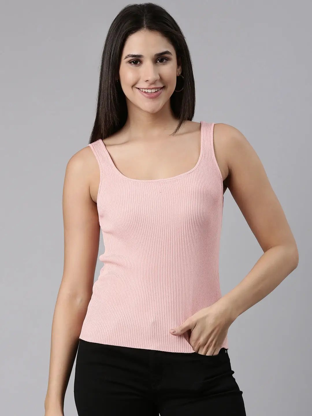 Women's Scoop Neck Solid Peach Tank Regular Top