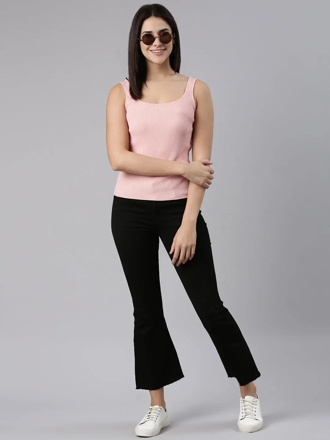 Women's Scoop Neck Solid Peach Tank Regular Top