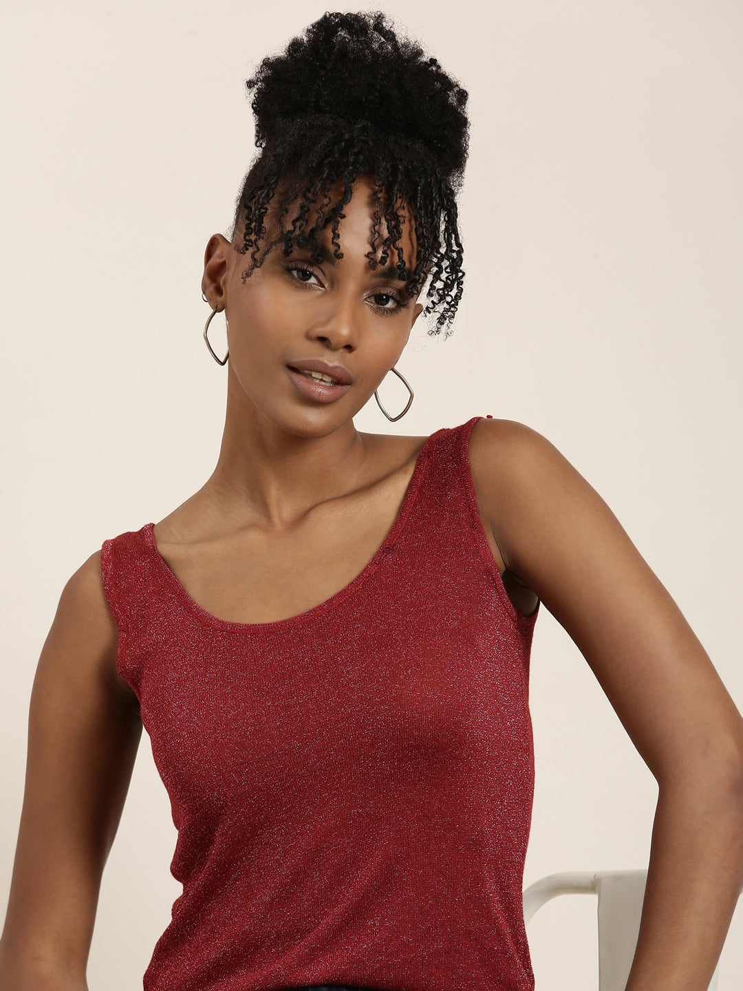 Women Scoop Neck Embellished Maroon Tank Regular Top