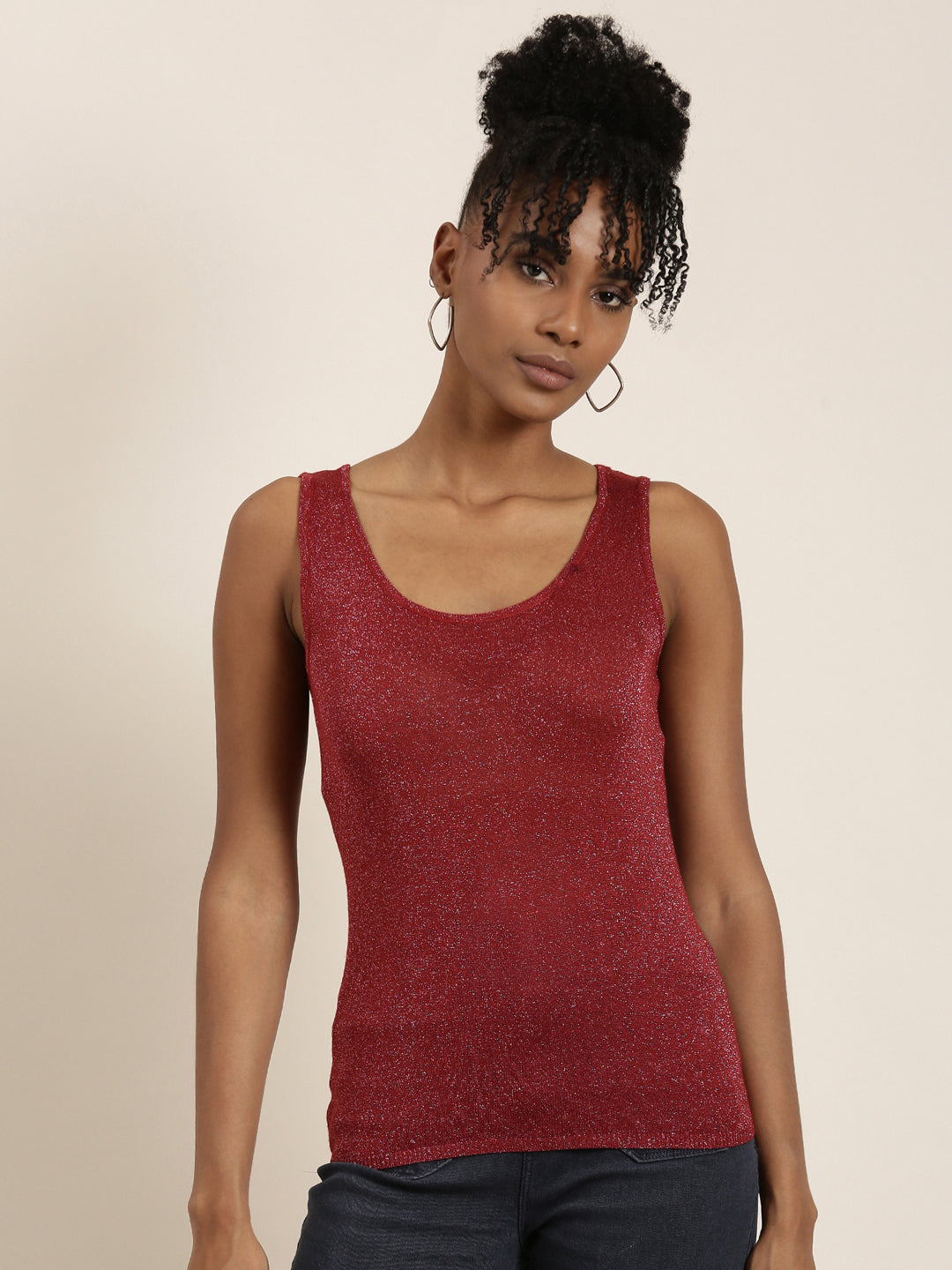 Women Scoop Neck Embellished Maroon Tank Regular Top