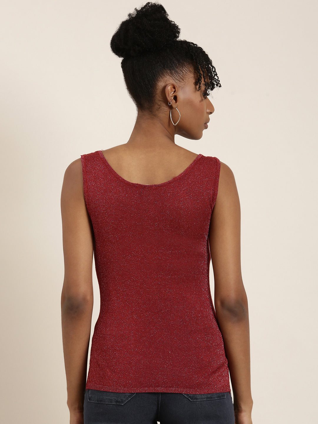 Scoop Neck Embellished Maroon Tank Regular Top