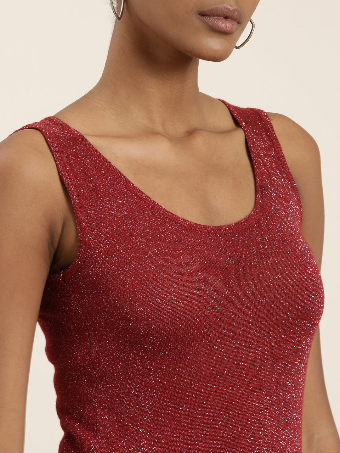 Scoop Neck Embellished Maroon Tank Regular Top