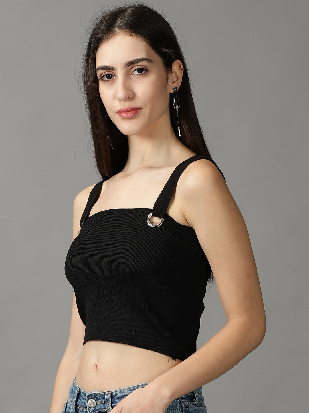 Women's Black Solid Fitted Crop Top