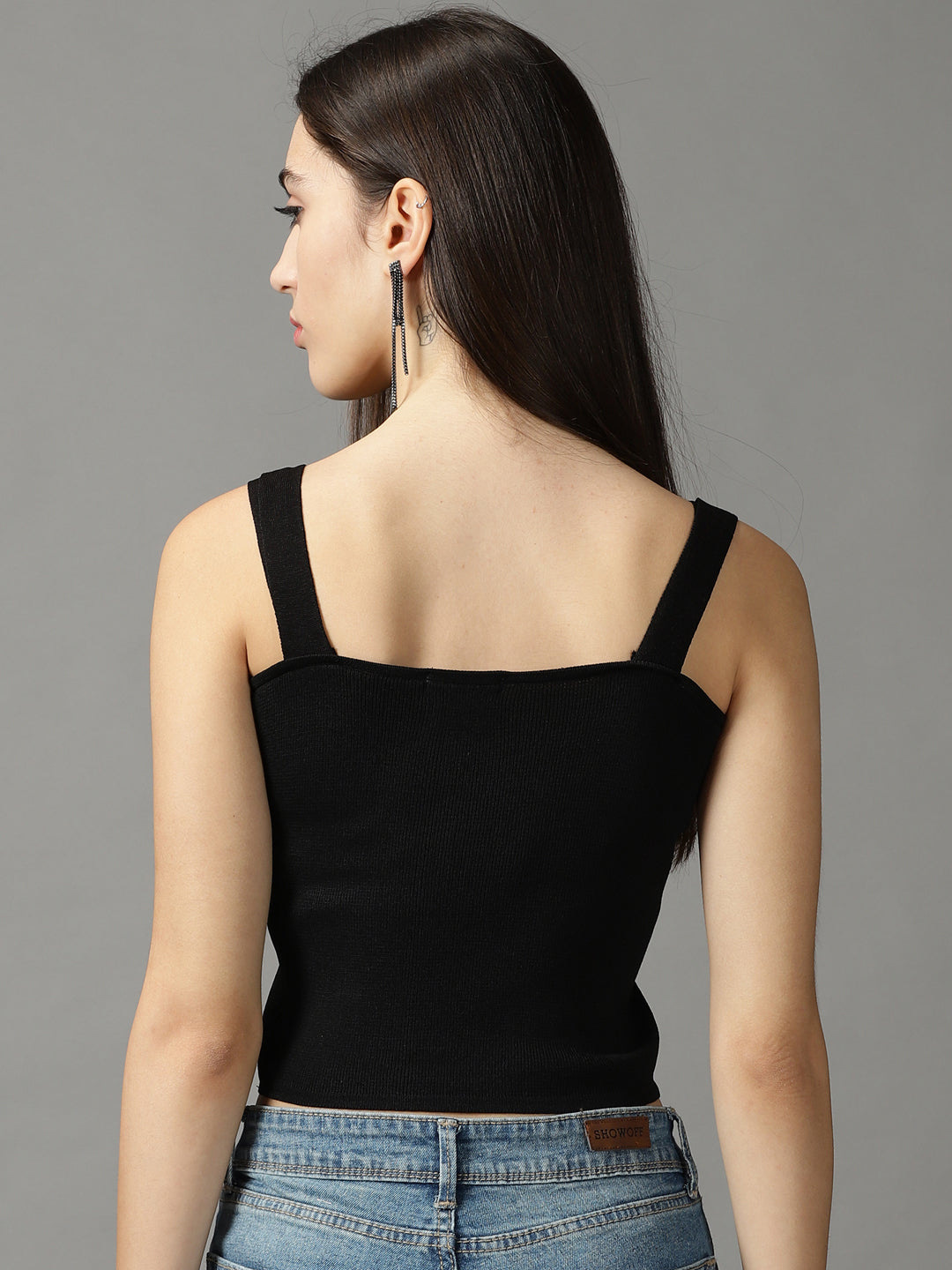 Women's Black Solid Fitted Crop Top