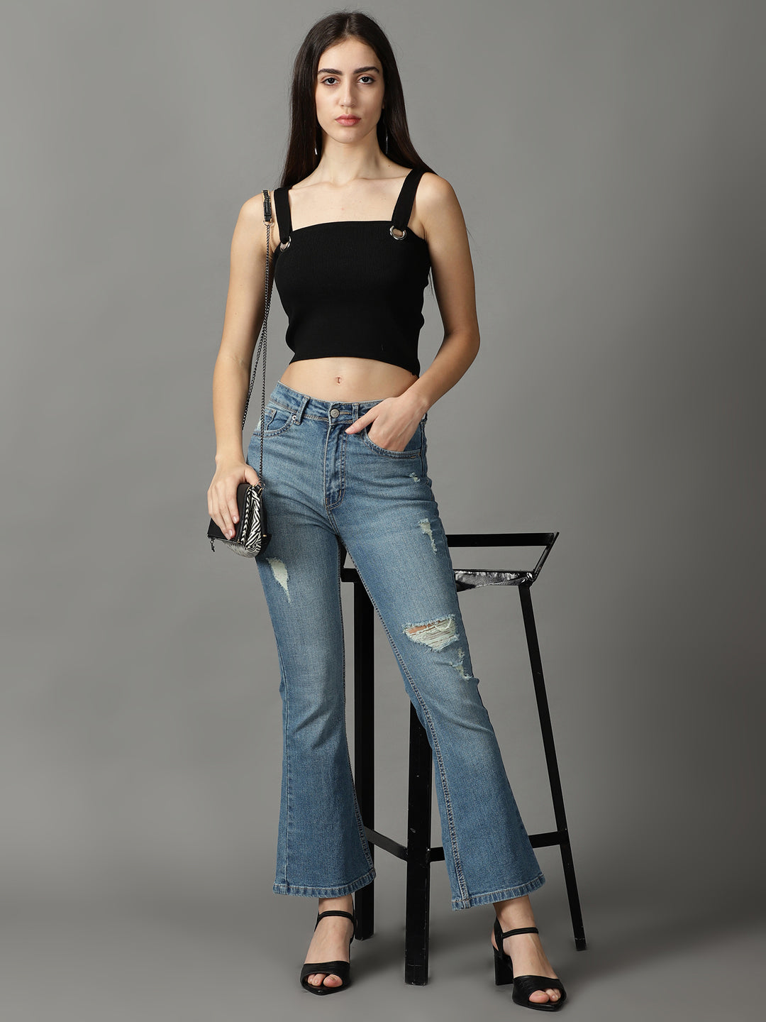 Women's Black Solid Fitted Crop Top