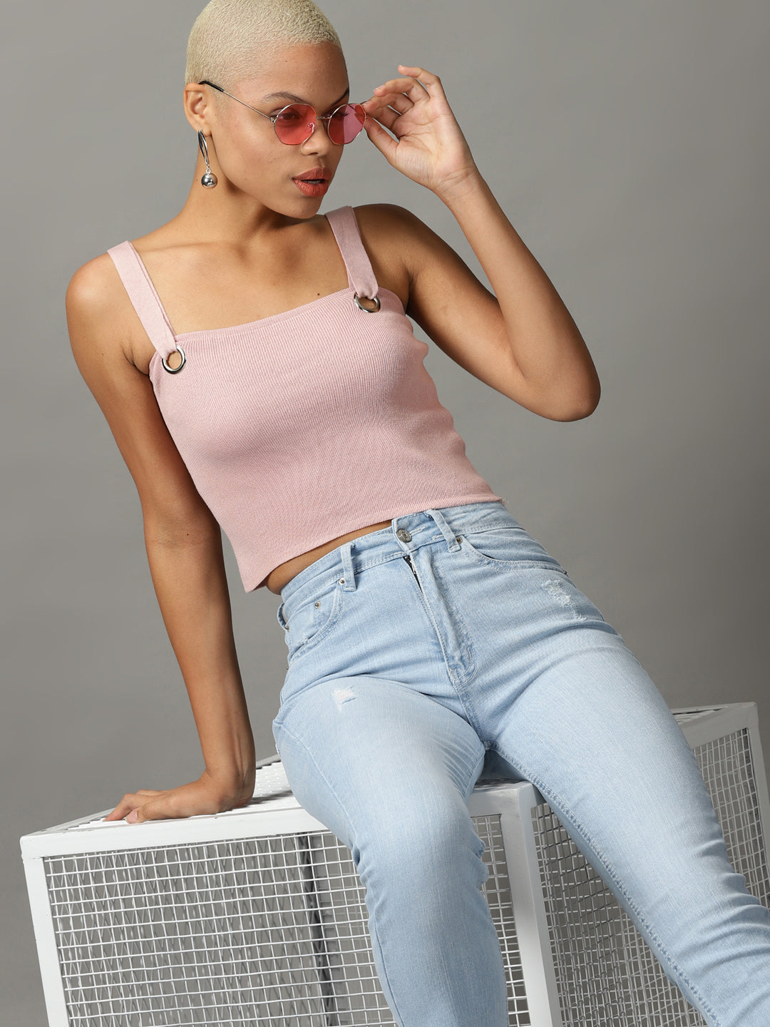 Women's Pink Solid Fitted Crop Top