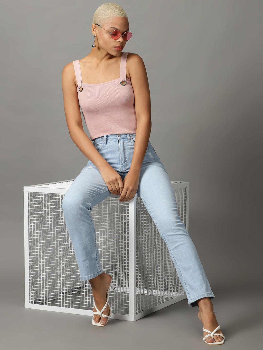 Women's Pink Solid Fitted Crop Top