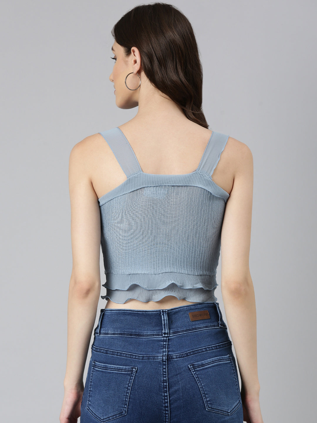 Women Blue Solid FittedCrop Top