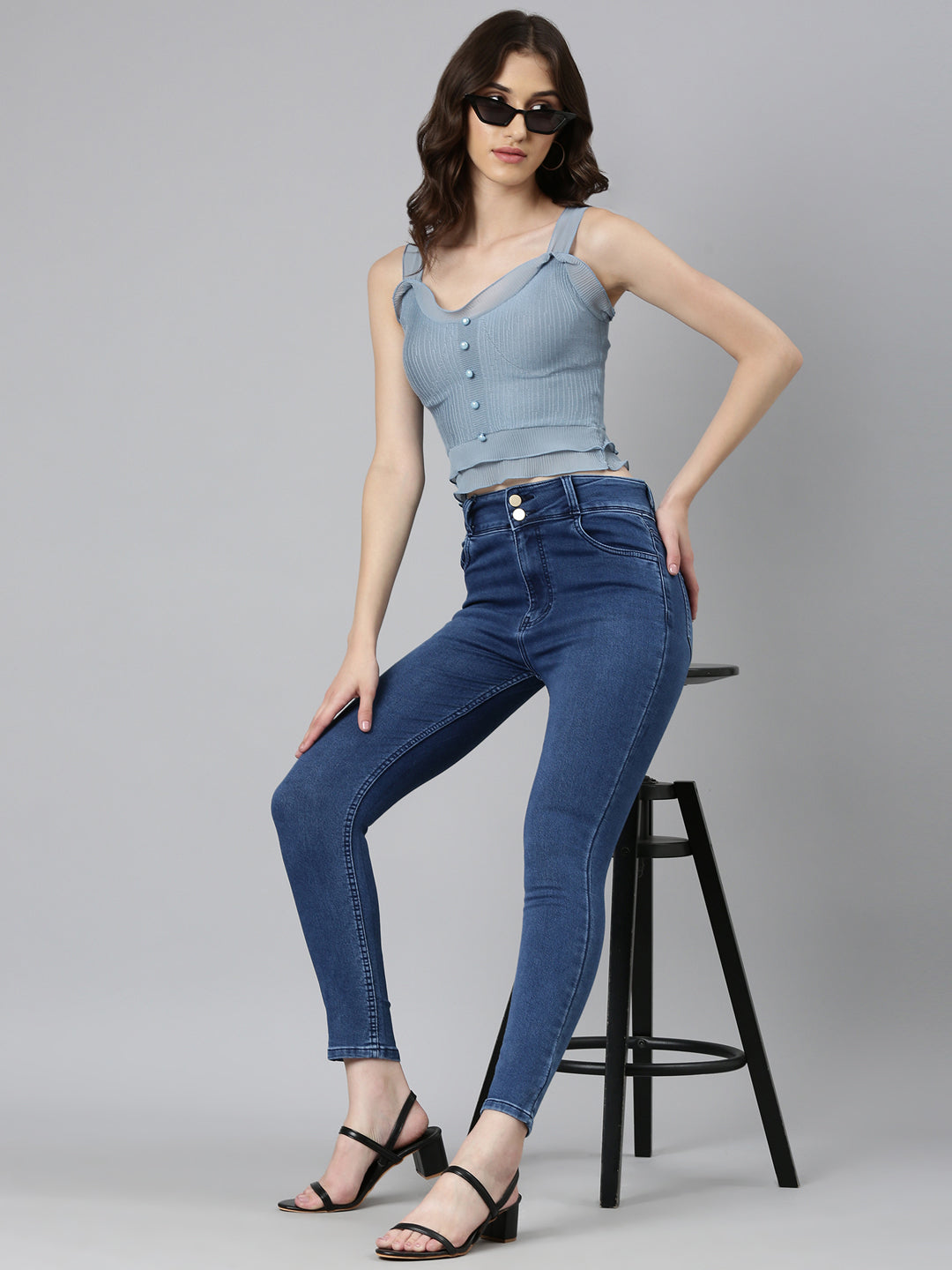 Women Blue Solid FittedCrop Top