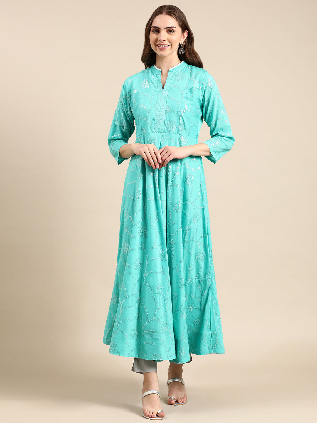 Women's Sea Green Embellished Anarkali Kurta