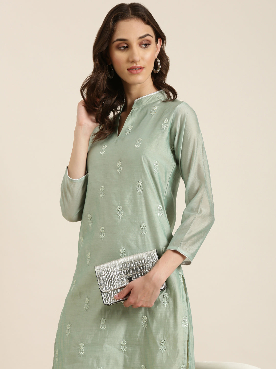 Women Sea Green Solid Straight Kurta