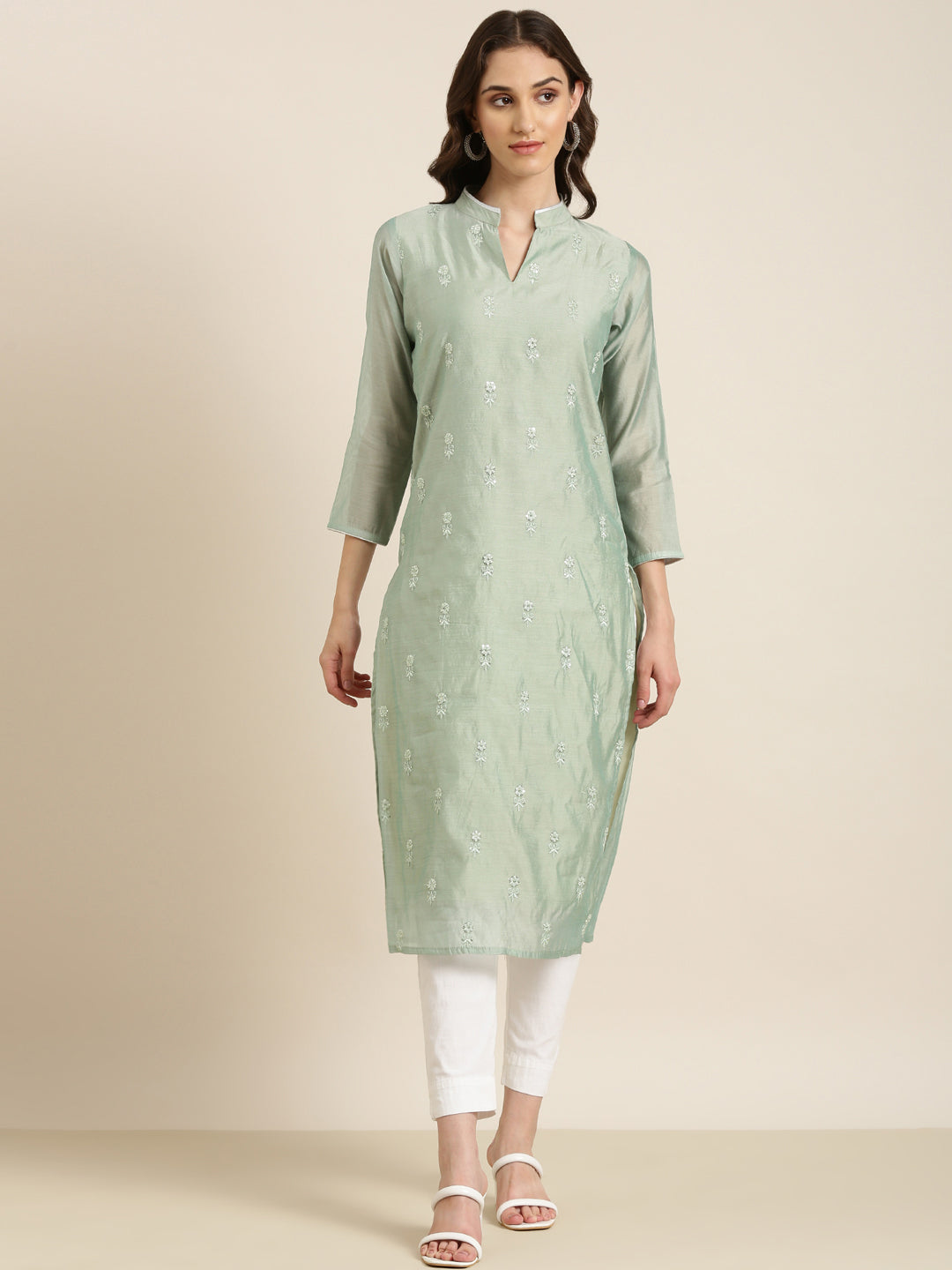 Women Sea Green Solid Straight Kurta