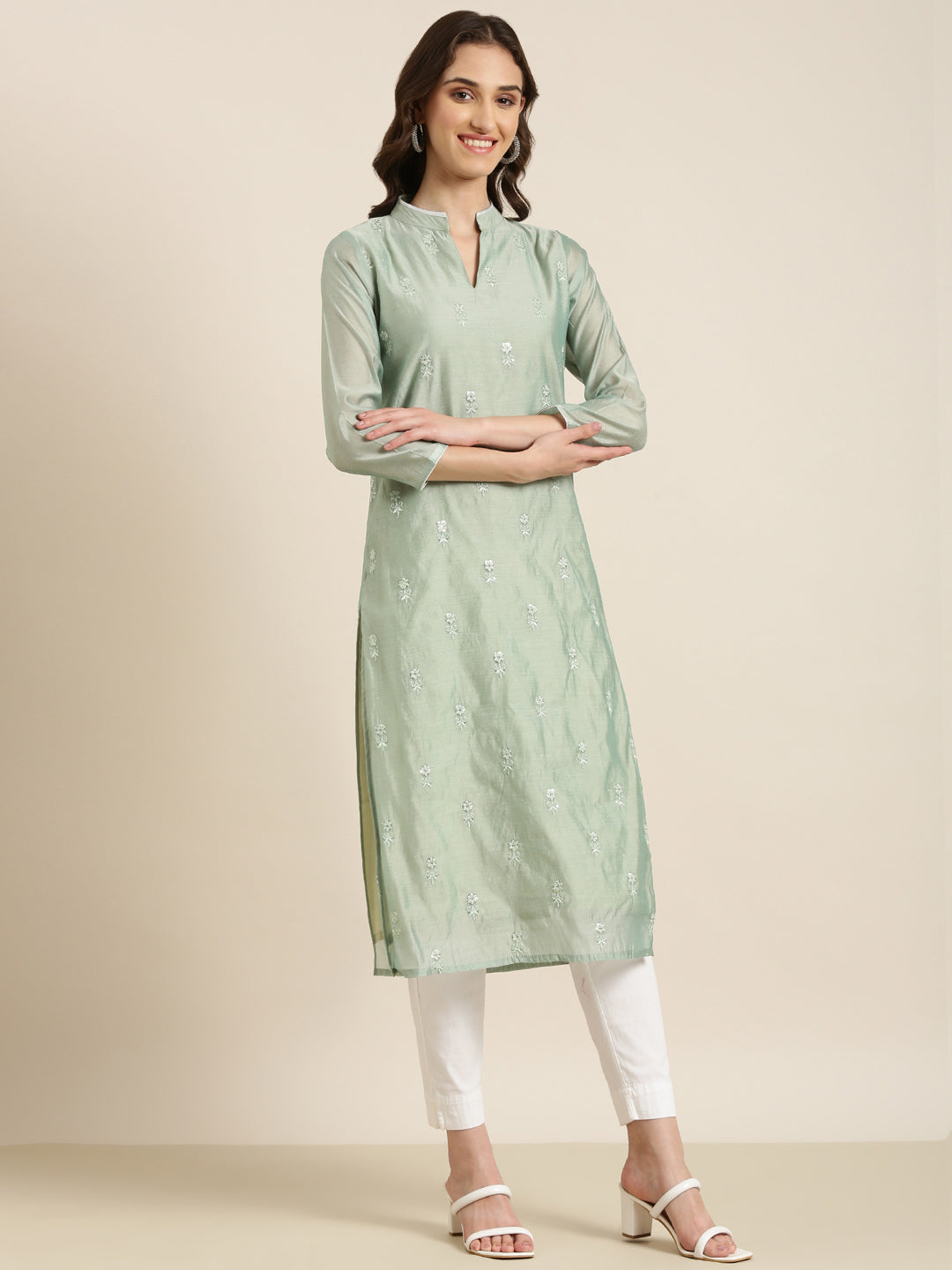 Women Sea Green Solid Straight Kurta