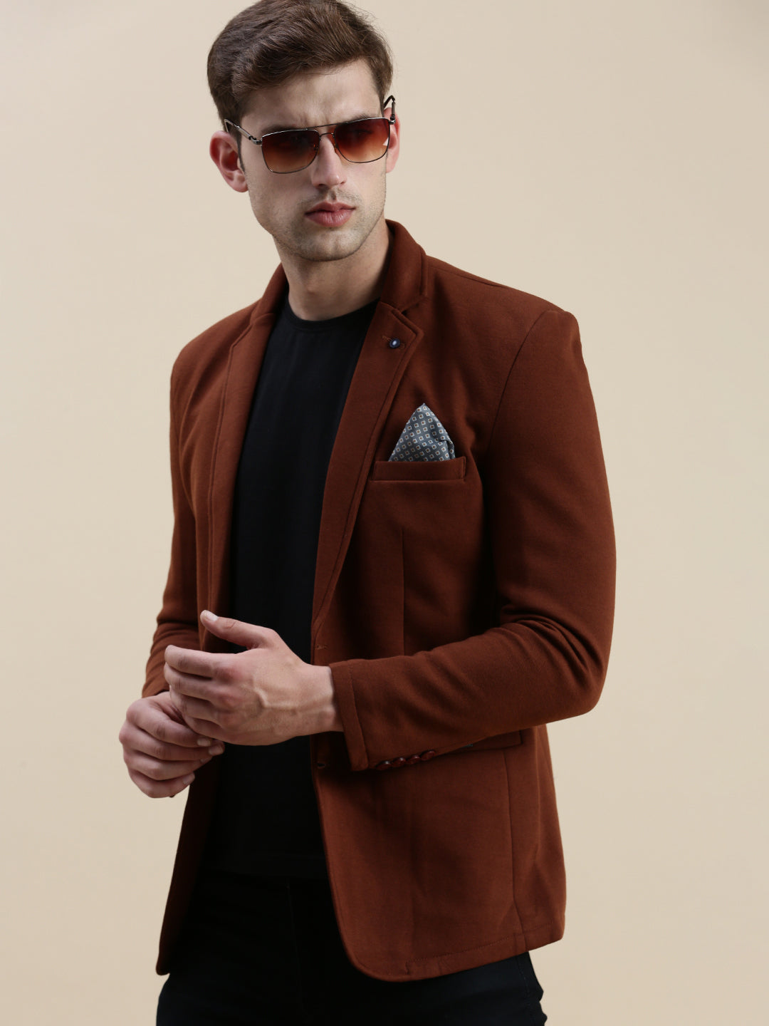 Men Brown Solid Casual Blazer