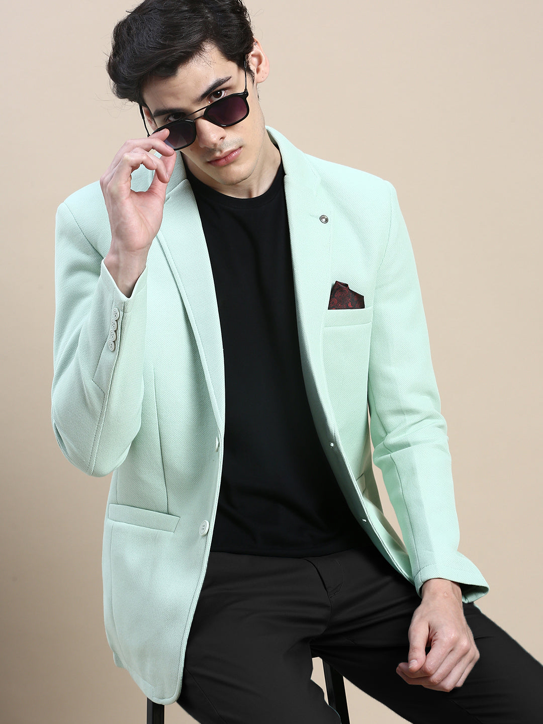 Men Green Solid Casual Blazers